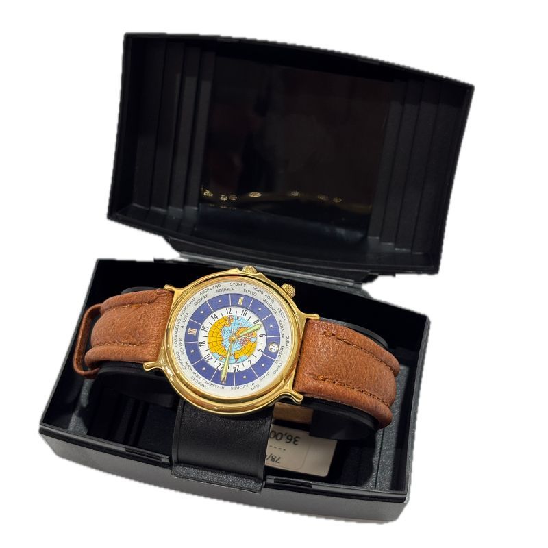 Reloj Kalter Clásico Dorado con Correa de Piel Marrón y Esfera Mapa Mundial