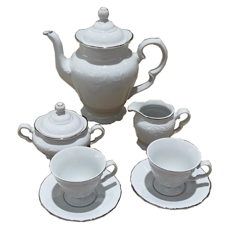Juego de té Teresa 27 piezas Blanco Labrado y Oro