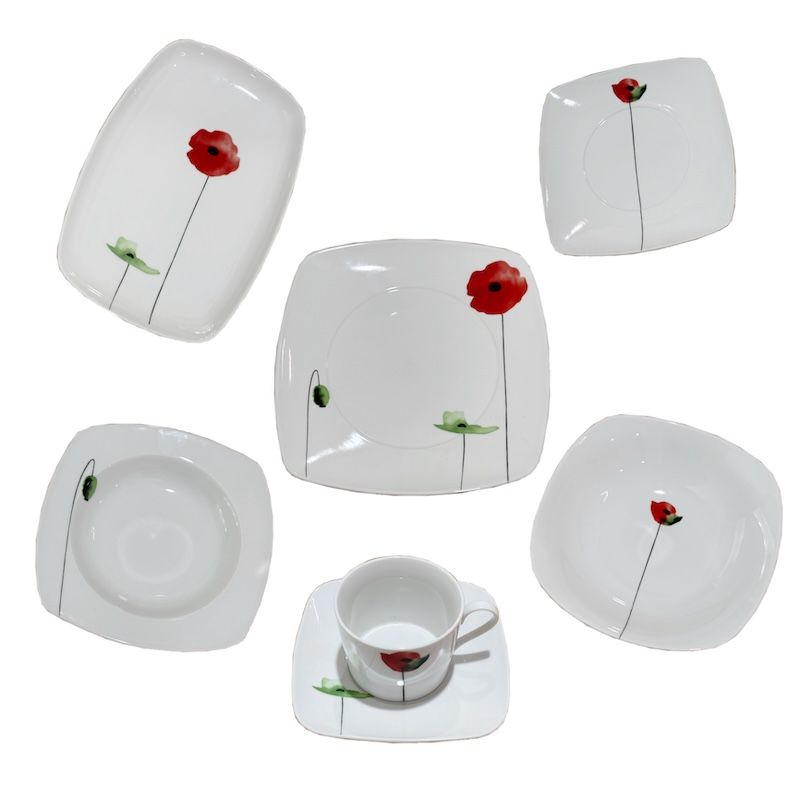Vajilla Cuadrada 32 piezas Blanco con Amapola