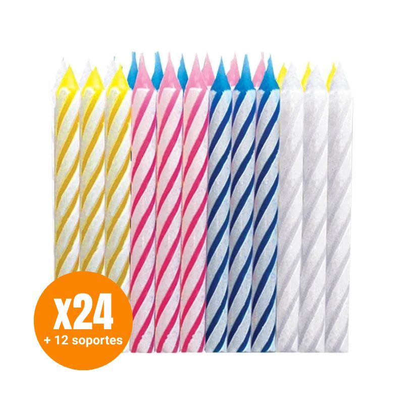 Set Velas Cumpleaños 24 velas + 12 soportes