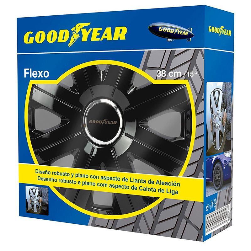 Juego de 4 tapacubos Negros 15” con tecnología Flexo y Anillo de sujeción Ajustable Goodyear 75511