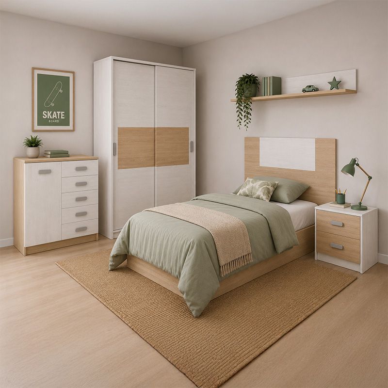 Pack dormitorio juvenil completo con Armario, Comodín, Cabecero y mesita de noche