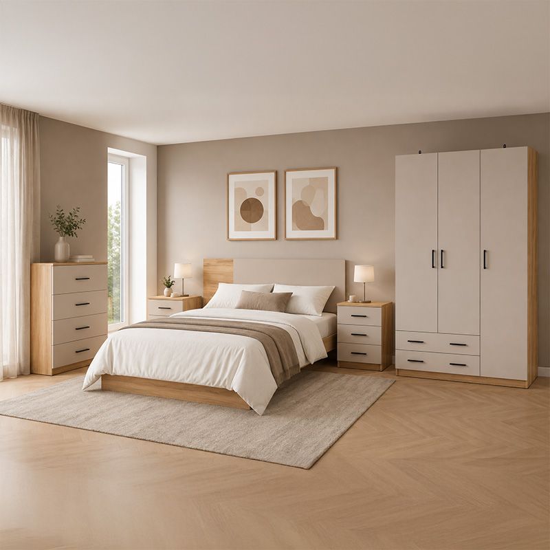 Pack Dormitorio Completo Elba con Armario, Sinfonier, Mesitas y Cabecero