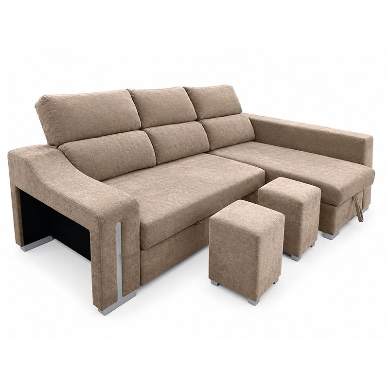 Chaiselongue cama Carla 3 plazas con arcón y 2 taburetes beige vista derecha - Imagen 5