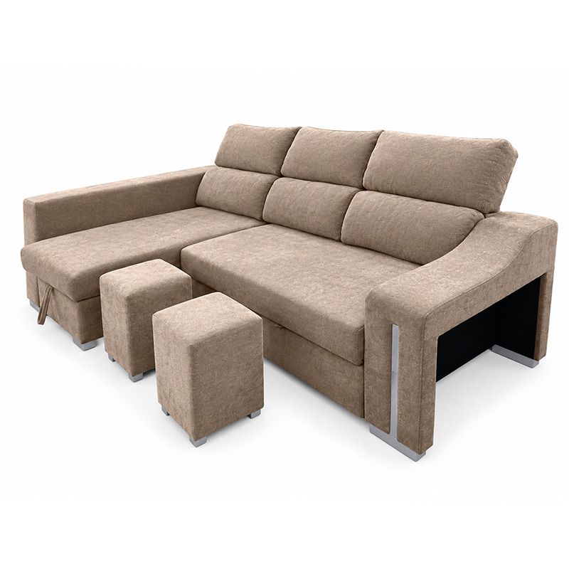 Chaiselongue cama Carla 3 plazas con arcón y 2 taburetes beige vista derecha - Imagen 7