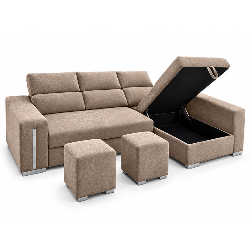 Chaiselongue cama Carla 3 plazas con arcón y 2 taburetes beige vista derecha - Imagen 4